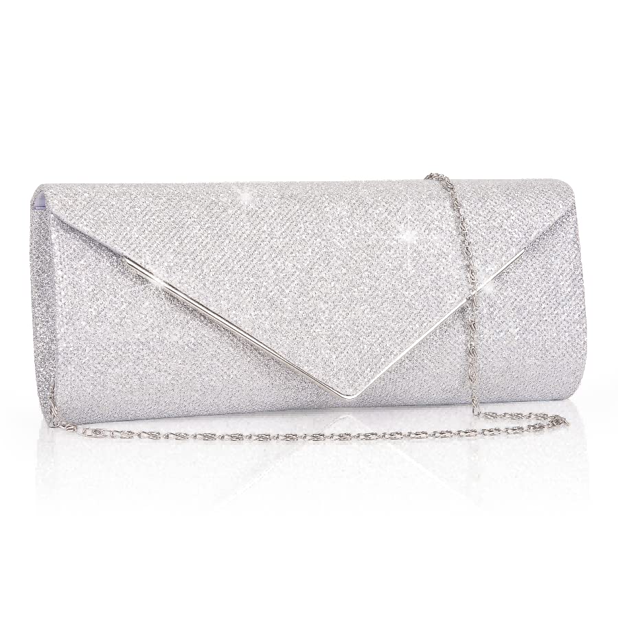 Larcenciel Clutch Purses for Women, Sparkling Envelope Evening Bag with Detachable Chain, Glitter Sequins Metal Formal Handbag Shoulder Crossbody Bag Prom Party Purse Bridal Wedding Clutch Bag(Sliver)