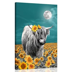 highland cow sunflower wall art: scottish cow canvas print farmhouse wall decor – blossom flowers field picture bedroom decoration teal moon decorative artwork for home office 10″ x 15″