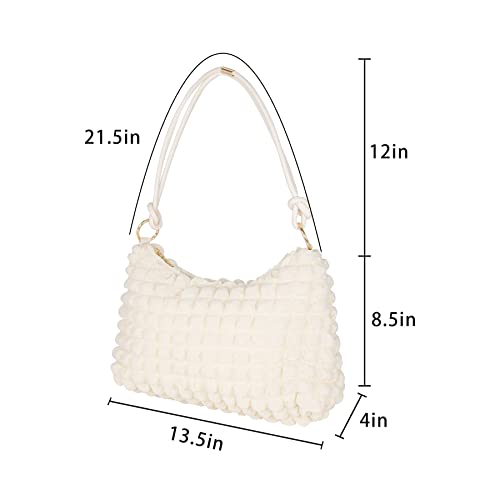 TANJUR Soft Cloth Bag Shoulder Cloud Bag Large Clutch Shoulder Tote HandBag with Zipper Closure for Women (White)
