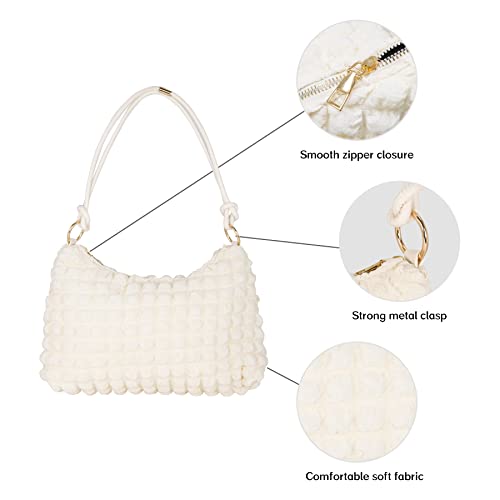 TANJUR Soft Cloth Bag Shoulder Cloud Bag Large Clutch Shoulder Tote HandBag with Zipper Closure for Women (White)