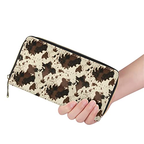 Wanyint Brown Cow Print Leather Purse Wallet for Women Men Long Clutch Cell Phone Case Shopping Clutch Zipper PU Leather Pouch