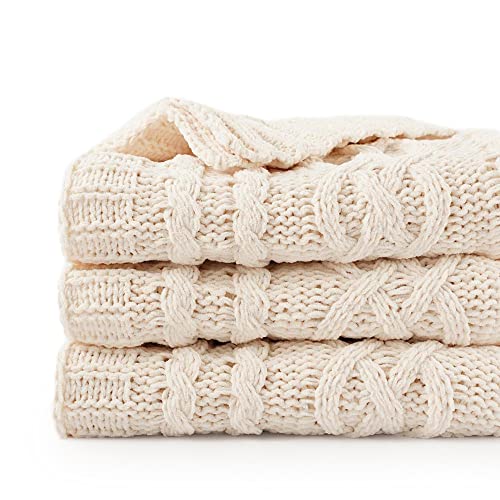 Battilo Cream White Ivory Throw Blanket for Couch, 51x 67 Inch, Woven Chenille Knit Throw Blanket for Chair, Super Soft Warm Decorative Textured Throw Blanket for Bed, Sofa and Living Room.