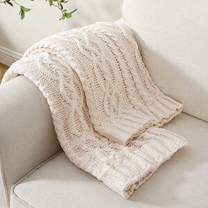 Battilo Cream White Ivory Throw Blanket for Couch, 51x 67 Inch, Woven Chenille Knit Throw Blanket for Chair, Super Soft Warm Decorative Textured Throw Blanket for Bed, Sofa and Living Room.