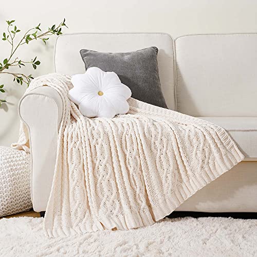 Battilo Cream White Ivory Throw Blanket for Couch, 51x 67 Inch, Woven Chenille Knit Throw Blanket for Chair, Super Soft Warm Decorative Textured Throw Blanket for Bed, Sofa and Living Room.