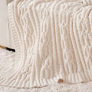 Battilo Cream White Ivory Throw Blanket for Couch, 51x 67 Inch, Woven Chenille Knit Throw Blanket for Chair, Super Soft Warm Decorative Textured Throw Blanket for Bed, Sofa and Living Room.