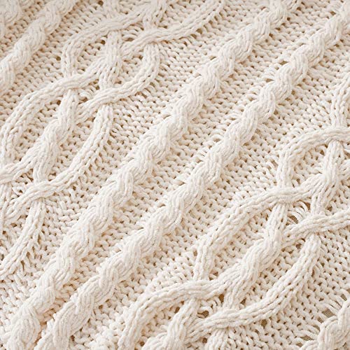 Battilo Cream White Ivory Throw Blanket for Couch, 51x 67 Inch, Woven Chenille Knit Throw Blanket for Chair, Super Soft Warm Decorative Textured Throw Blanket for Bed, Sofa and Living Room.