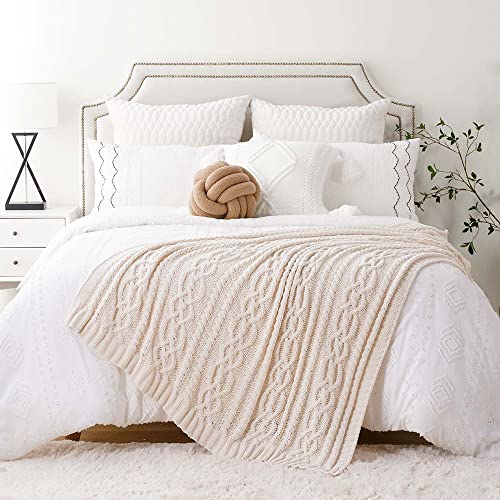 Battilo Cream White Ivory Throw Blanket for Couch, 51x 67 Inch, Woven Chenille Knit Throw Blanket for Chair, Super Soft Warm Decorative Textured Throw Blanket for Bed, Sofa and Living Room.