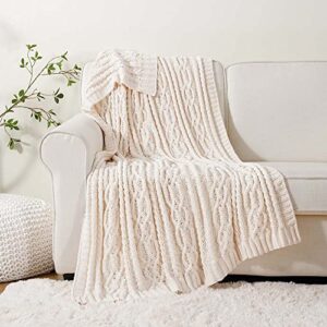 Battilo Cream White Ivory Throw Blanket for Couch, 51x 67 Inch, Woven Chenille Knit Throw Blanket for Chair, Super Soft Warm Decorative Textured Throw Blanket for Bed, Sofa and Living Room.