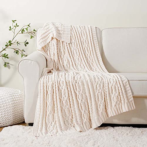 Battilo Cream White Ivory Throw Blanket for Couch, 51x 67 Inch, Woven Chenille Knit Throw Blanket for Chair, Super Soft Warm Decorative Textured Throw Blanket for Bed, Sofa and Living Room.