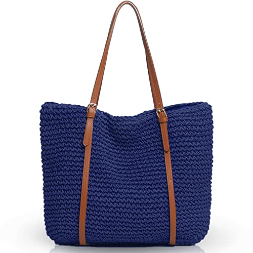 QTKJ Hand-woven Soft Large Straw Shoulder Bag with Boho Straw Handle Tote Retro Summer Beach Bag Rattan Handbag