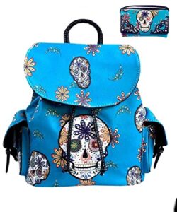 texas west western collection texas west large sugar skull day of the dead daypack concealed carry backpack women travel biker purse wallet set (turquoise)