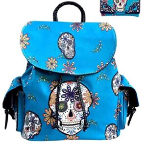TEXAS WEST WESTERN COLLECTION TEXAS WEST Large Sugar Skull Day of the Dead Daypack Concealed Carry Backpack Women Travel Biker Purse Wallet Set (Turquoise)