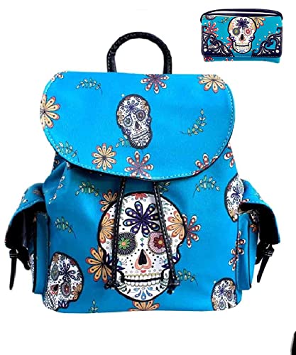 TEXAS WEST WESTERN COLLECTION TEXAS WEST Large Sugar Skull Day of the Dead Daypack Concealed Carry Backpack Women Travel Biker Purse Wallet Set (Turquoise)