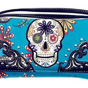 TEXAS WEST WESTERN COLLECTION TEXAS WEST Large Sugar Skull Day of the Dead Daypack Concealed Carry Backpack Women Travel Biker Purse Wallet Set (Turquoise)