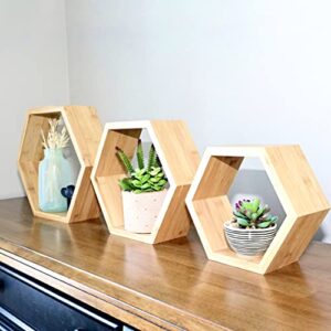 Bamboo Hexagon Floating Shelves For Wall Decor - Set Of 3 - Eco-friendly Honeycomb Shelves For Wall Mounted Hexagon Shelf Room Decor With Hanging Hardware, Wall Shelves, Hexagon Shelves For Home Decor