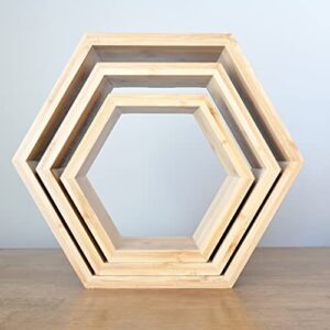 Bamboo Hexagon Floating Shelves For Wall Decor - Set Of 3 - Eco-friendly Honeycomb Shelves For Wall Mounted Hexagon Shelf Room Decor With Hanging Hardware, Wall Shelves, Hexagon Shelves For Home Decor