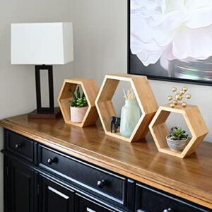 Bamboo Hexagon Floating Shelves For Wall Decor - Set Of 3 - Eco-friendly Honeycomb Shelves For Wall Mounted Hexagon Shelf Room Decor With Hanging Hardware, Wall Shelves, Hexagon Shelves For Home Decor