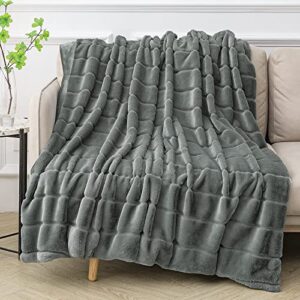 immtree faux fur blankets queen size 60×80 inches, super soft fluffy rabbit fur throw blanket, comfy sherpa shaggy throws and blankets for bedroom sofa couch, grey