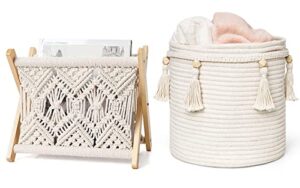 mkono macrame magazine rack and macrame laundry basket nursery storage bin organizer boho decor for bedroom livingroom dorm