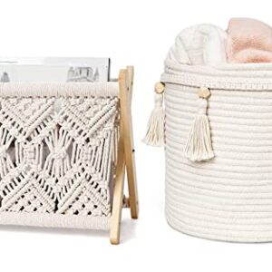 Mkono Macrame Magazine Rack and Macrame Laundry Basket Nursery Storage Bin Organizer Boho Decor for Bedroom Livingroom Dorm