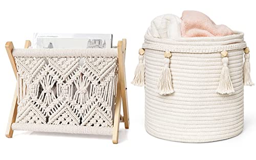 Mkono Macrame Magazine Rack and Macrame Laundry Basket Nursery Storage Bin Organizer Boho Decor for Bedroom Livingroom Dorm