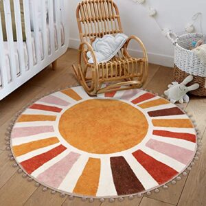 livebox retro sun round rug 4 ft,colorful boho rug for bedroom,living room, cute circle area rug washable nursery rugs for kid’s room, non-slip circular indoor floor mat for entryway
