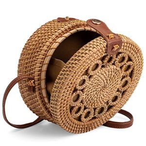 bagdepot round rattan bag with shoulder leather strap. made from natural rattan (sunrise)