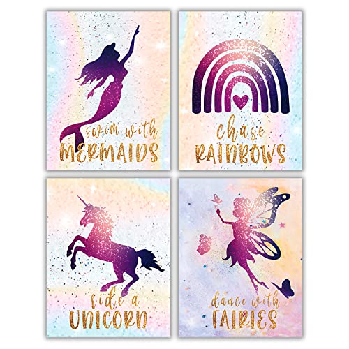 MTL HOE Unicorn Rainbow Fairy Mermaid Girls Room Bedroom Wall Decor Art Prints, Inspirational Kids Children’s Posters, Birthday Party, Bedroom, Bathroom, Playroom (set of 4, 8’’ x 10’’, Unframed)