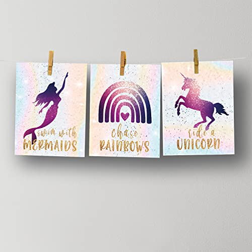 MTL HOE Unicorn Rainbow Fairy Mermaid Girls Room Bedroom Wall Decor Art Prints, Inspirational Kids Children’s Posters, Birthday Party, Bedroom, Bathroom, Playroom (set of 4, 8’’ x 10’’, Unframed)