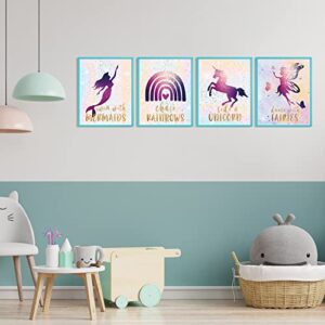 MTL HOE Unicorn Rainbow Fairy Mermaid Girls Room Bedroom Wall Decor Art Prints, Inspirational Kids Children’s Posters, Birthday Party, Bedroom, Bathroom, Playroom (set of 4, 8’’ x 10’’, Unframed)