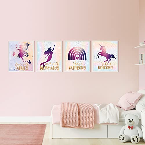 MTL HOE Unicorn Rainbow Fairy Mermaid Girls Room Bedroom Wall Decor Art Prints, Inspirational Kids Children’s Posters, Birthday Party, Bedroom, Bathroom, Playroom (set of 4, 8’’ x 10’’, Unframed)