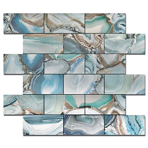 Kieacia 10-Sheet Peel and Stick Kitchen Backsplash Tiles, PVC Self-Adhesive Mosaic Tile Blue and Green Agate Color for Kitchen Bathroom Vanity Tabletop Fireplace