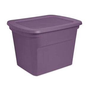 sterilite 17318v08 lidded stackable 18 gallon storage tote container w/handles and indented lid for efficient, space saving household storage, purple