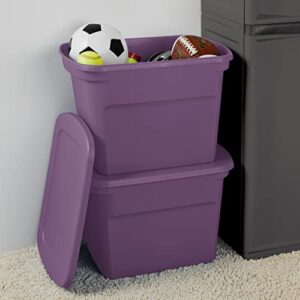 Sterilite 17318V08 Lidded Stackable 18 Gallon Storage Tote Container w/Handles and Indented Lid for Efficient, Space Saving Household Storage, Purple