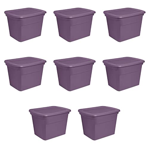 Sterilite 17318V08 Lidded Stackable 18 Gallon Storage Tote Container w/Handles and Indented Lid for Efficient, Space Saving Household Storage, Purple