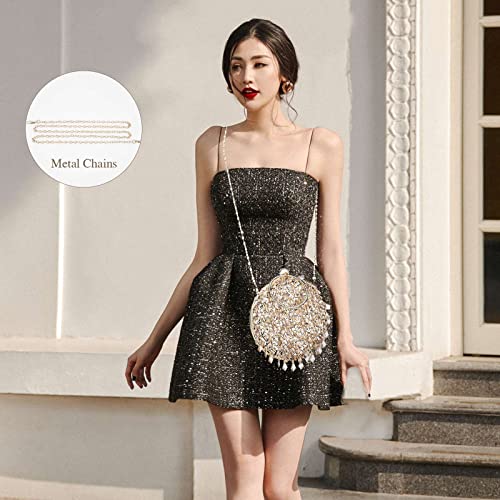 UBORSE Round Clutch Purse for Women Gold Beaded Evening Bag Crystal Sequin Prom Party Handbag with Rhinestone Handle