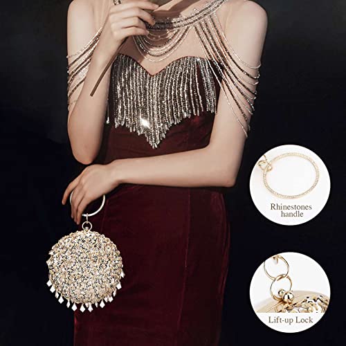 UBORSE Round Clutch Purse for Women Gold Beaded Evening Bag Crystal Sequin Prom Party Handbag with Rhinestone Handle