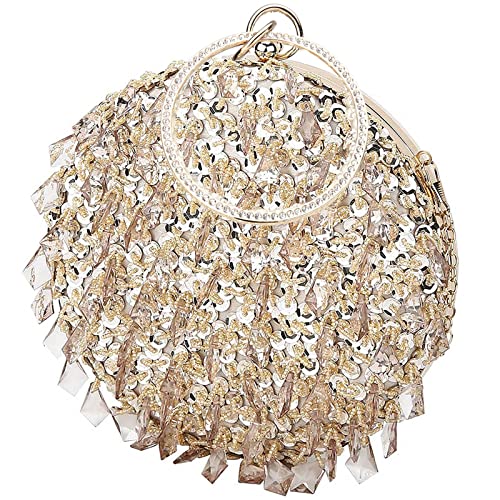 UBORSE Round Clutch Purse for Women Gold Beaded Evening Bag Crystal Sequin Prom Party Handbag with Rhinestone Handle