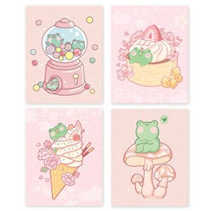 kawaii frog wall art – set of 4 posters – pink japanese aesthetic room decor – anime cottagecore drawing posters – 8×10 – unframed