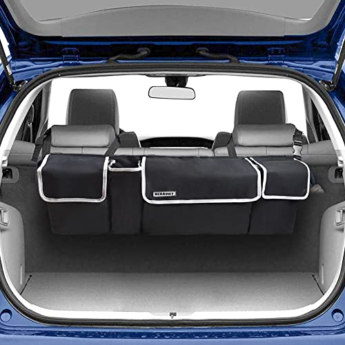 NERRUKY Backseat Trunk Organizer for SUV & Car - Hanging Organizer Foldable Cargo Storage Bag with 4 Pockets Adjustable Strap Durable Cover and Fit for Most Vehicles