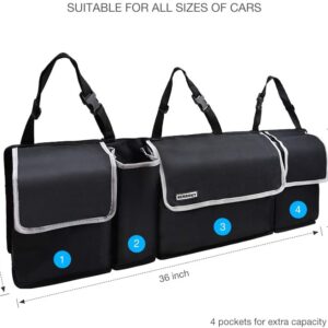 NERRUKY Backseat Trunk Organizer for SUV & Car - Hanging Organizer Foldable Cargo Storage Bag with 4 Pockets Adjustable Strap Durable Cover and Fit for Most Vehicles