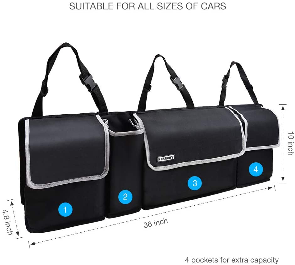 NERRUKY Backseat Trunk Organizer for SUV & Car - Hanging Organizer Foldable Cargo Storage Bag with 4 Pockets Adjustable Strap Durable Cover and Fit for Most Vehicles