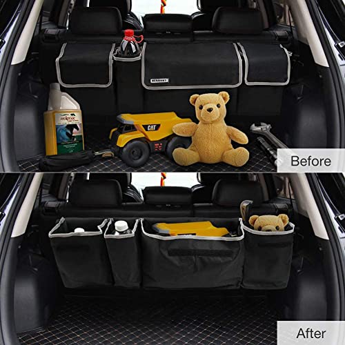 NERRUKY Backseat Trunk Organizer for SUV & Car - Hanging Organizer Foldable Cargo Storage Bag with 4 Pockets Adjustable Strap Durable Cover and Fit for Most Vehicles