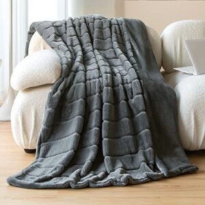 faux fur throw blanket 60×80 inches, fuzzy fluffy super soft striped rabbit fur luxury throw blanket, reversible soft plush cozy furry blanket, comfy shag thick blankets, durable & washable, grey