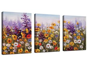 ardemy flowers wall art daisy colorful bathroom decor canvas bloosom artwork painting modern landscape, purple floral pictures framed for living room bedroom kitchen office home decor 12″x16″x3 panels