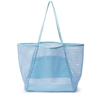 women’s shoulder bags mesh beach handbag large tote purse summer handbag hobo bag for vacation, sky blue