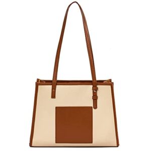 tote bag, pu tote bag for women with zipper pocket lightweight shoulder bag handbag for work, office, school,gym,beach,travel (beige)