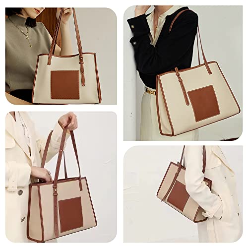 Tote Bag, PU Tote Bag for Women with Zipper Pocket Lightweight Shoulder Bag Handbag for Work, Office, School,Gym,Beach,Travel (Beige)