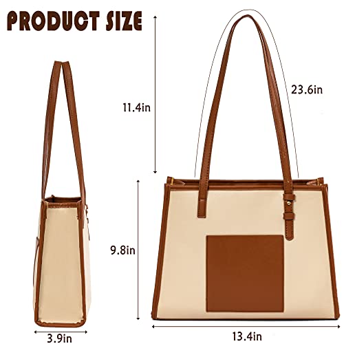 Tote Bag, PU Tote Bag for Women with Zipper Pocket Lightweight Shoulder Bag Handbag for Work, Office, School,Gym,Beach,Travel (Beige)