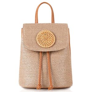 liadreem women’s straw backpack mini shoulder crossbody bags convertible daypack summer beach flap drawstring purse, brown